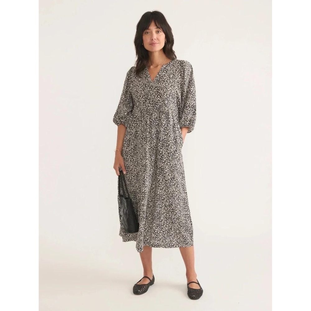 Marine Layer Lola Balloon Sleeve Midi Dress Black/Cream Cheetah Print Sz Medium